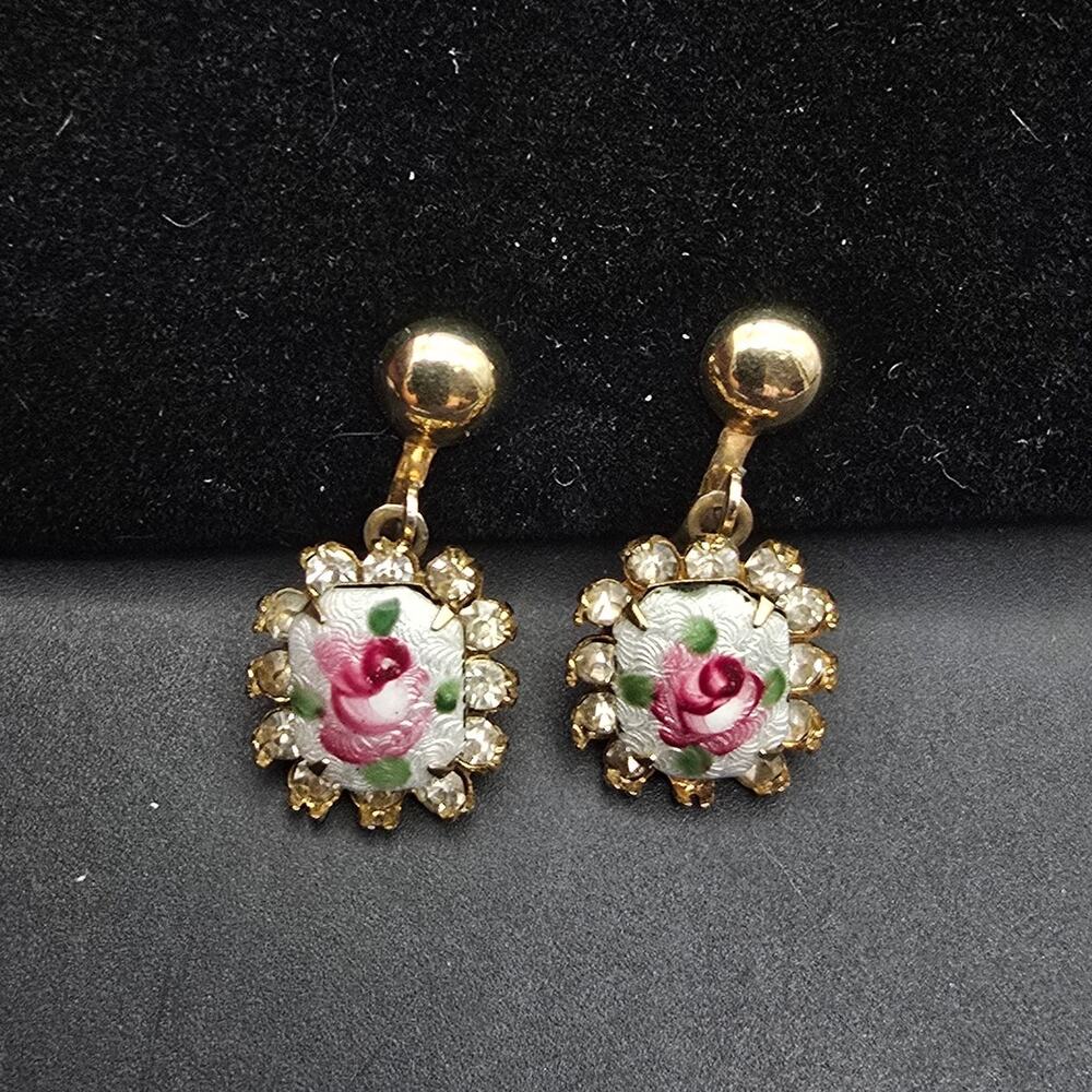 Coro Hand Painted Rose Flower Screw Back Earrings Guilloche Enamel Rhinestone